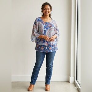 Coco Bianco Blue Boho Mandala Tiered Blouse XL Bell Sleeve